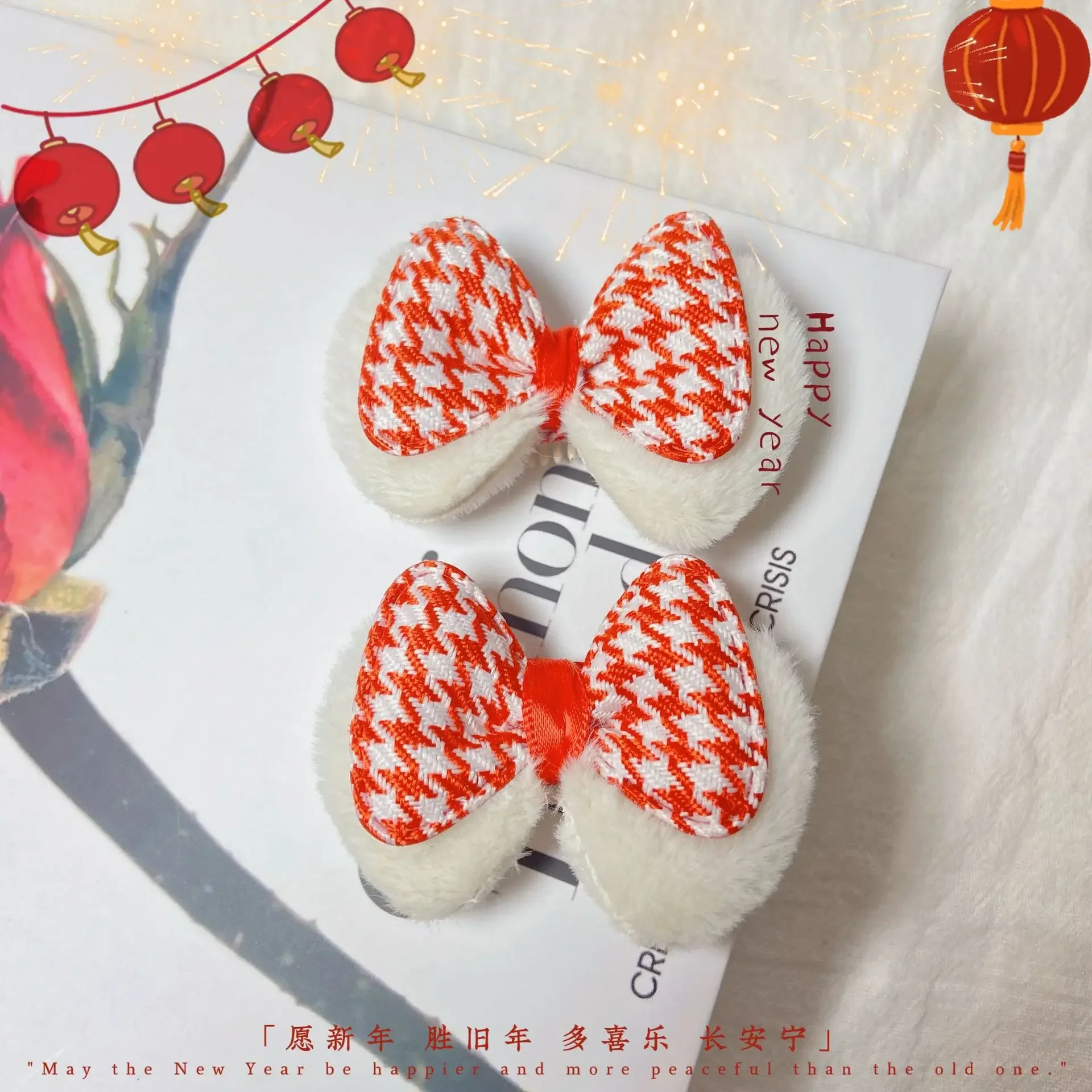 Gorros navideños para mascotas, Clip BB para mascotas, Clip de pelo a cuadros de conejo de terciopelo con diamantes dorados, accesorios para perros y gatos para Festival de Primavera - imagen 3