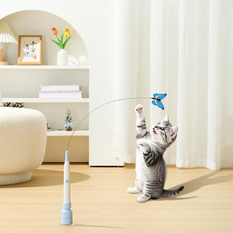 BOOTEELY, ventosa eléctrica, juguete para gatos, mariposa, juguete para gatos voladores, juguete para gatos autoentrenante, varilla larga, juguete para gatos de alambre de acero - imagen 3