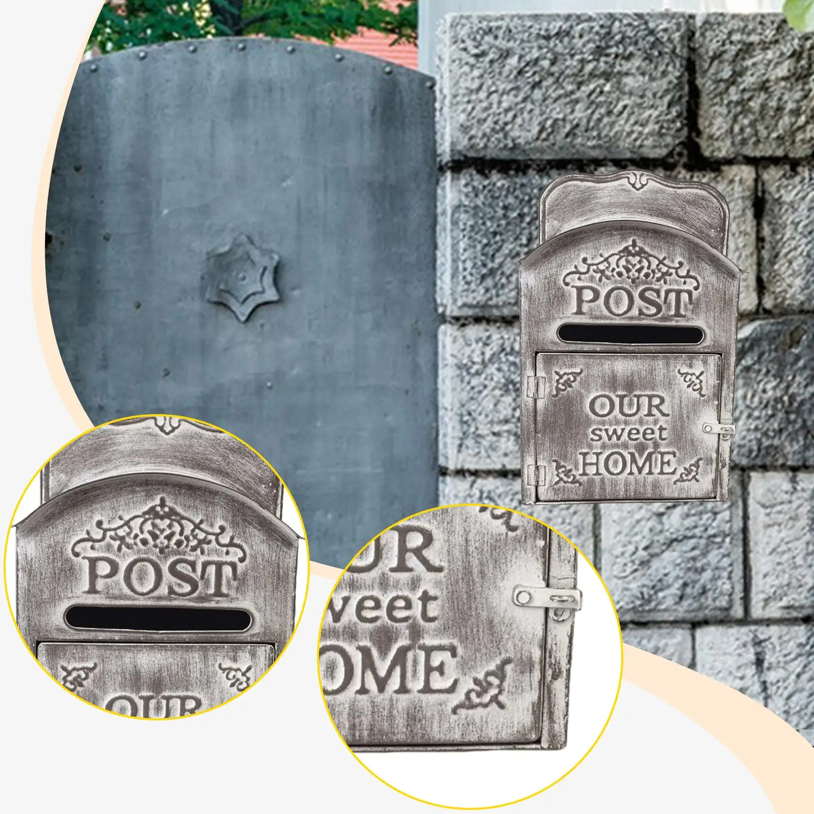 Buzón decorativo de hierro, accesorios montados en la pared, decoración multifuncional para Patio exterior, caja de cartas ornamental de 9,8x5,3x15,7 pulgadas - imagen 2