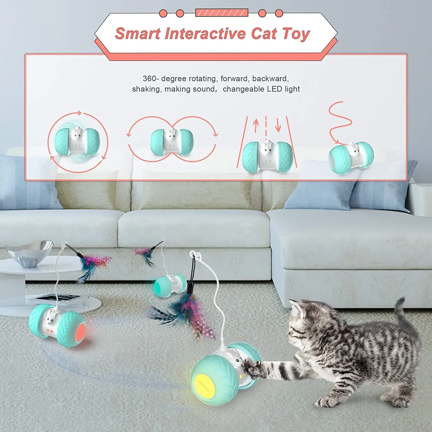 Juguetes interactivos para gatos de interior, juguetes automáticos para gatitos electrónicos con ratón y 3 plumas para gatos para jugar al ejercicio solo - imagen 5