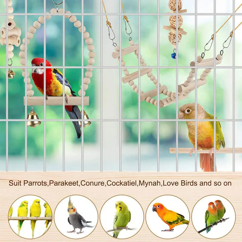 Juego de combinación de juguetes de madera para pájaros, 9 piezas, jaula colgante para pájaros, juguete para loros, soporte para Columpio de escalera, palo, accesorios para jaula para loros, suministros para pájaros - imagen 5