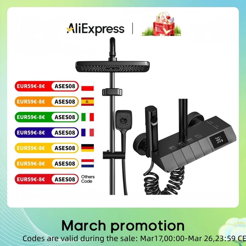 Juego grifo de ducha para baño, termostato de ducha con pantalla Digital, mezclador de ducha fría y caliente, grifos de cobre de descarga a presión, 4 Funciones grifo de ducha - imagen 3