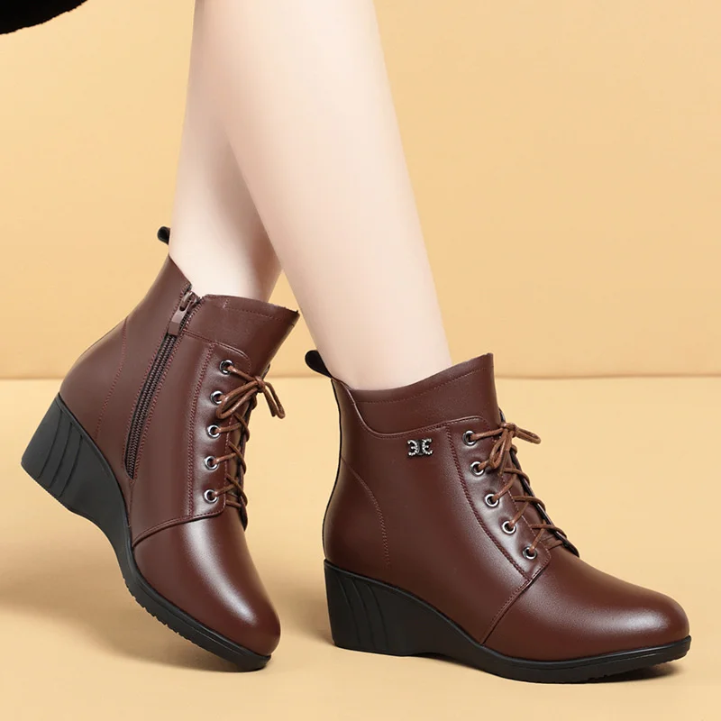 Otoño Invierno, zapatos gruesos de algodón y piel cálida, tacones altos para mujer, cuñas de cuero, botines de fondo plano de fondo suave - imagen 3