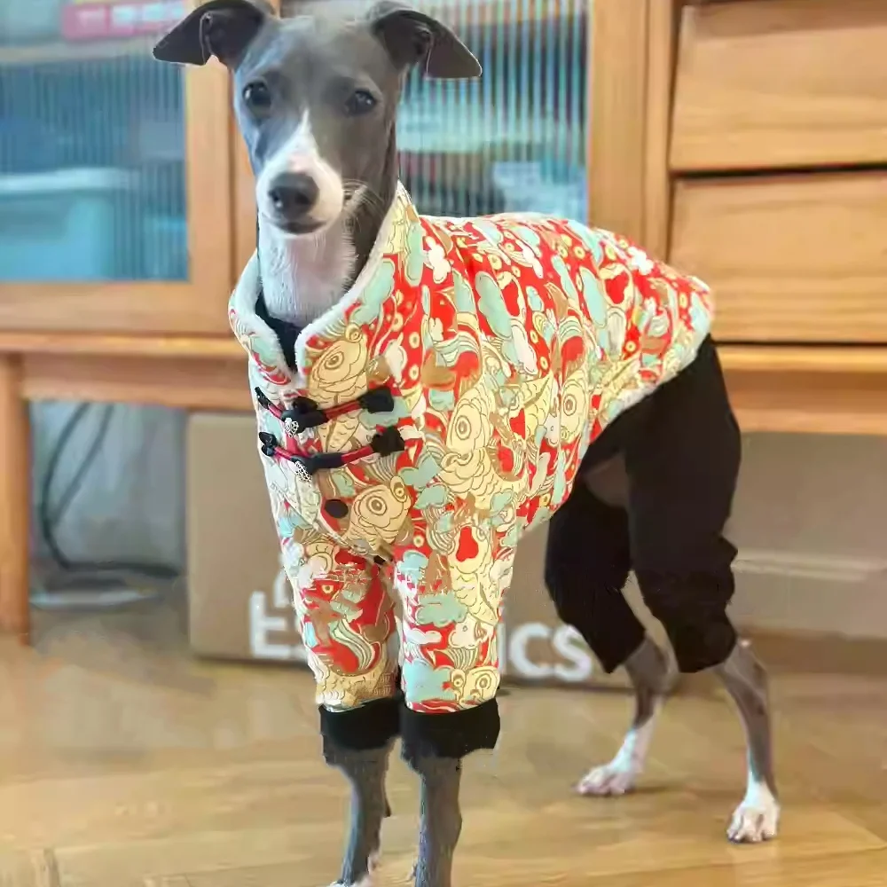 Chaqueta de forro polar con hebilla de nudo chino para Italia Greyhound Invierno cálido Manga larga Abrigo rojo para perros medios Traje de Año Nuevo de Wellington