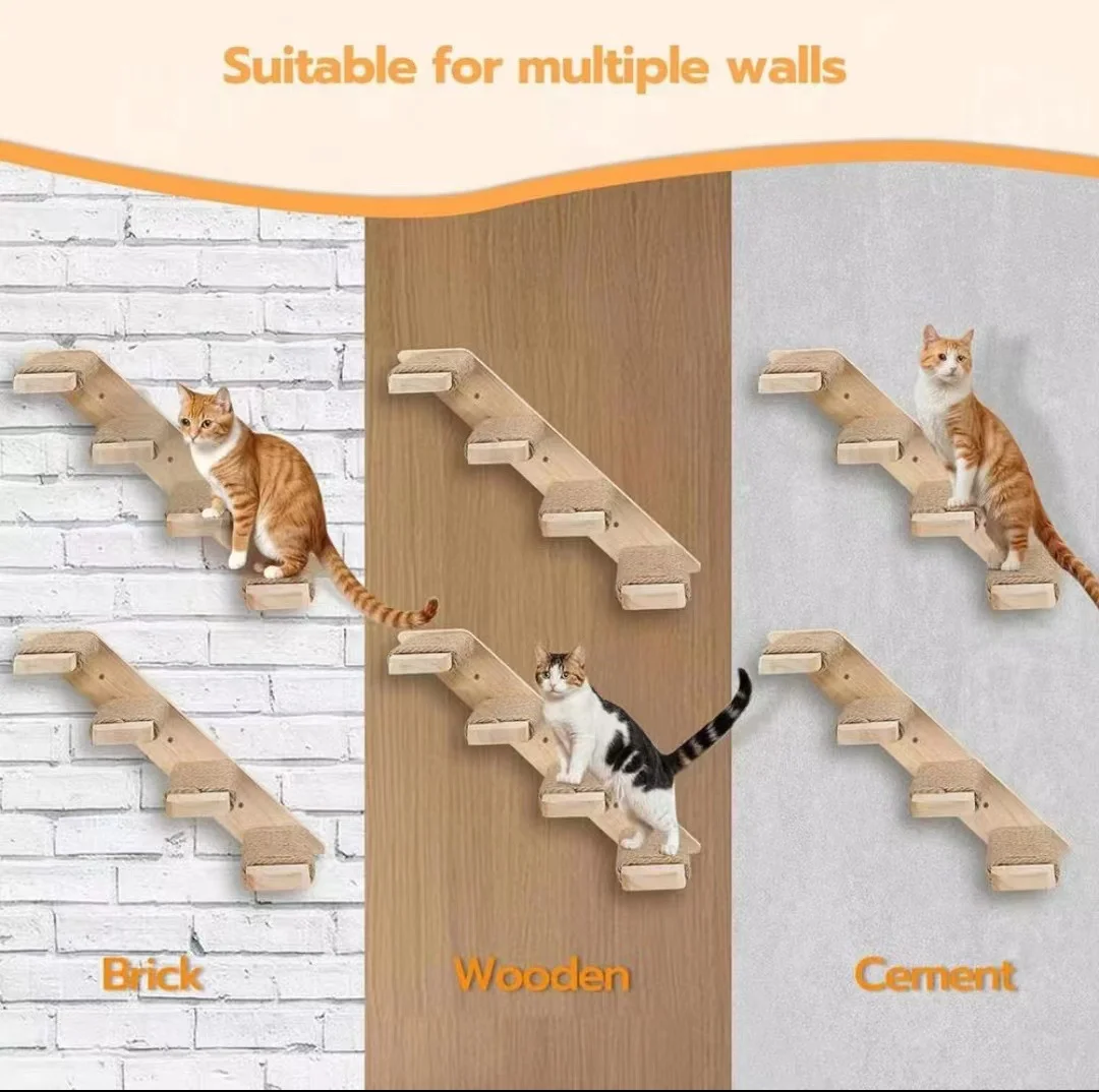 Hamaca montada en la pared para escalada de gatos, poste rascador para muebles de madera, escalones de escalera, gatos durmiendo y jugar - imagen 2