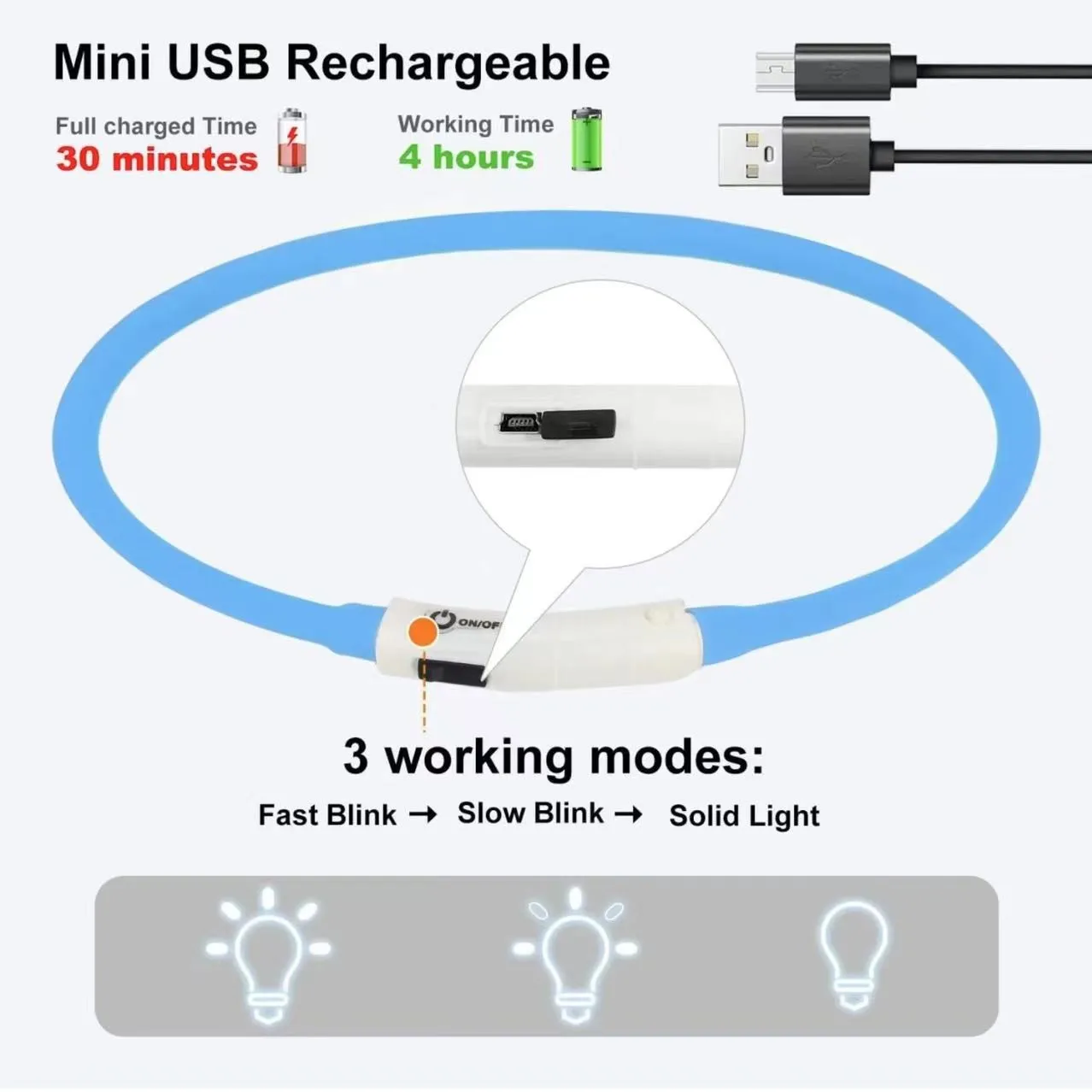 Collar LED de silicona para perro, recargable, 3 modos de trabajo, más más ligero, más suave, máximo 70cm, seguridad nocturna, Collar brillante intermitente, antipérdida - imagen 5