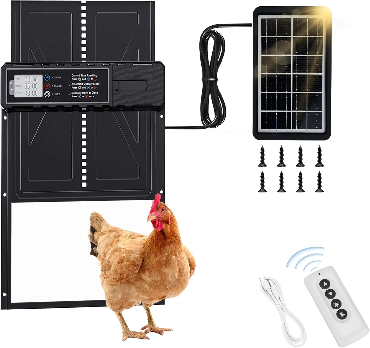 Puerta automática solar para gallinero con sensor de luz y temporizador