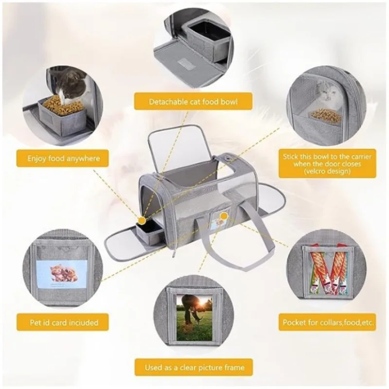 Bolsa transpirable para gatos, bolsa plegable de malla para gatos, transportadores portátiles de viaje para gatos salientes, bolso para mascotas al aire libre con cuenco plegable - imagen 4