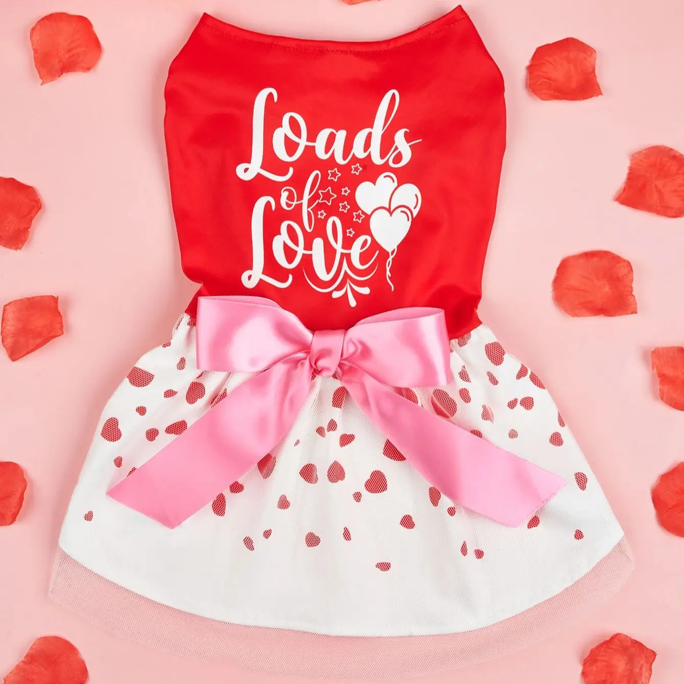 Vestido para mascotas del Día de San Valentín, Top rojo “Loads of Love”, linda falda para cachorro con estampado de corazones, ropa para perros atada con lazo
