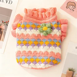 Suéter de punto para perros de invierno, ropa cálida y suave para perros, cuello alto a rayas de lujo para cachorros, jerséis con estampado de flores para gatos, suéter para mascotas, ropa para perros