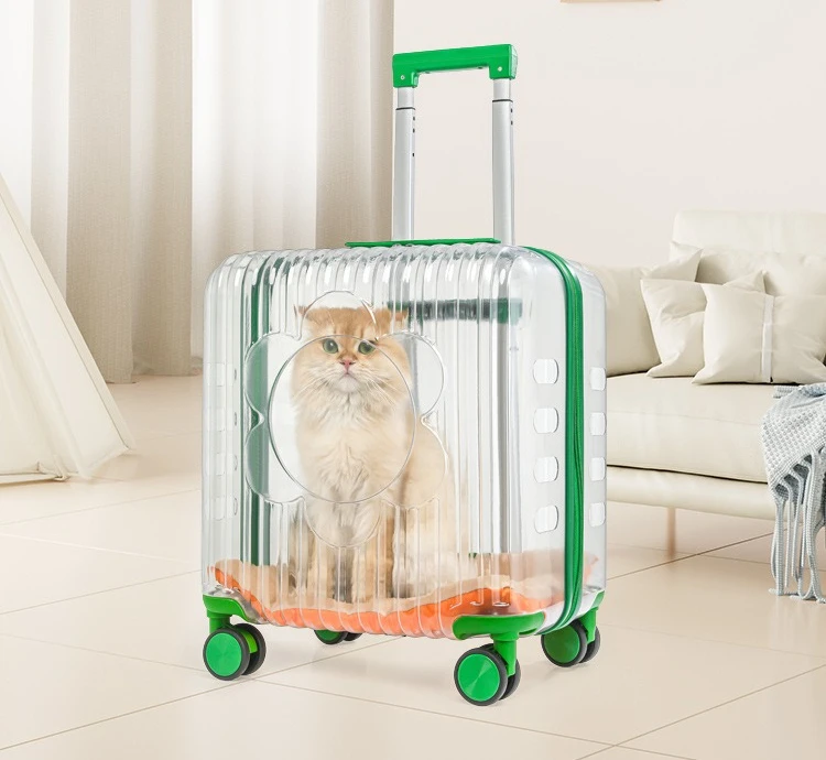 Maleta transparente con ruedas para mascotas vista frontal