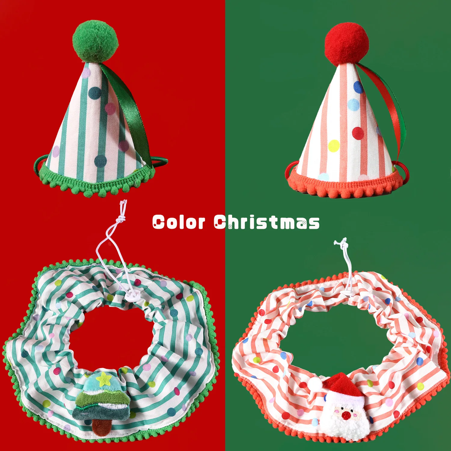 Bufanda a rayas de otoño e invierno para mascotas, conjunto de encaje navideño para mascotas, árbol de Navidad, Collar de Papá Noel, sombrero, accesorios para perros y gatos - imagen 2