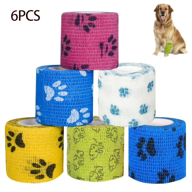 Vendaje autoadhesivo para mascotas con diseño de huella, sin adhesivo para el cabello, envoltura elástica transpirable repelente al agua para perro/gato, 4 Uds. - imagen 2