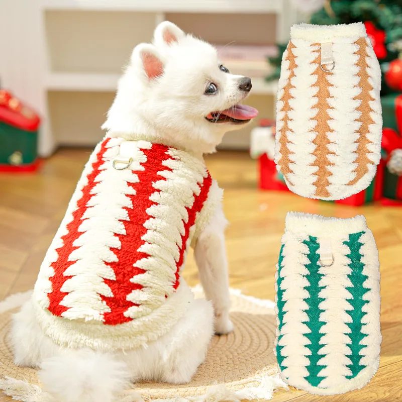 Abrigo de Navidad para mascotas, chaleco de felpa a rayas para otoño e invierno, bonito chaleco de peluche para gatos, ropa para cachorros, ropa para perros pequeños