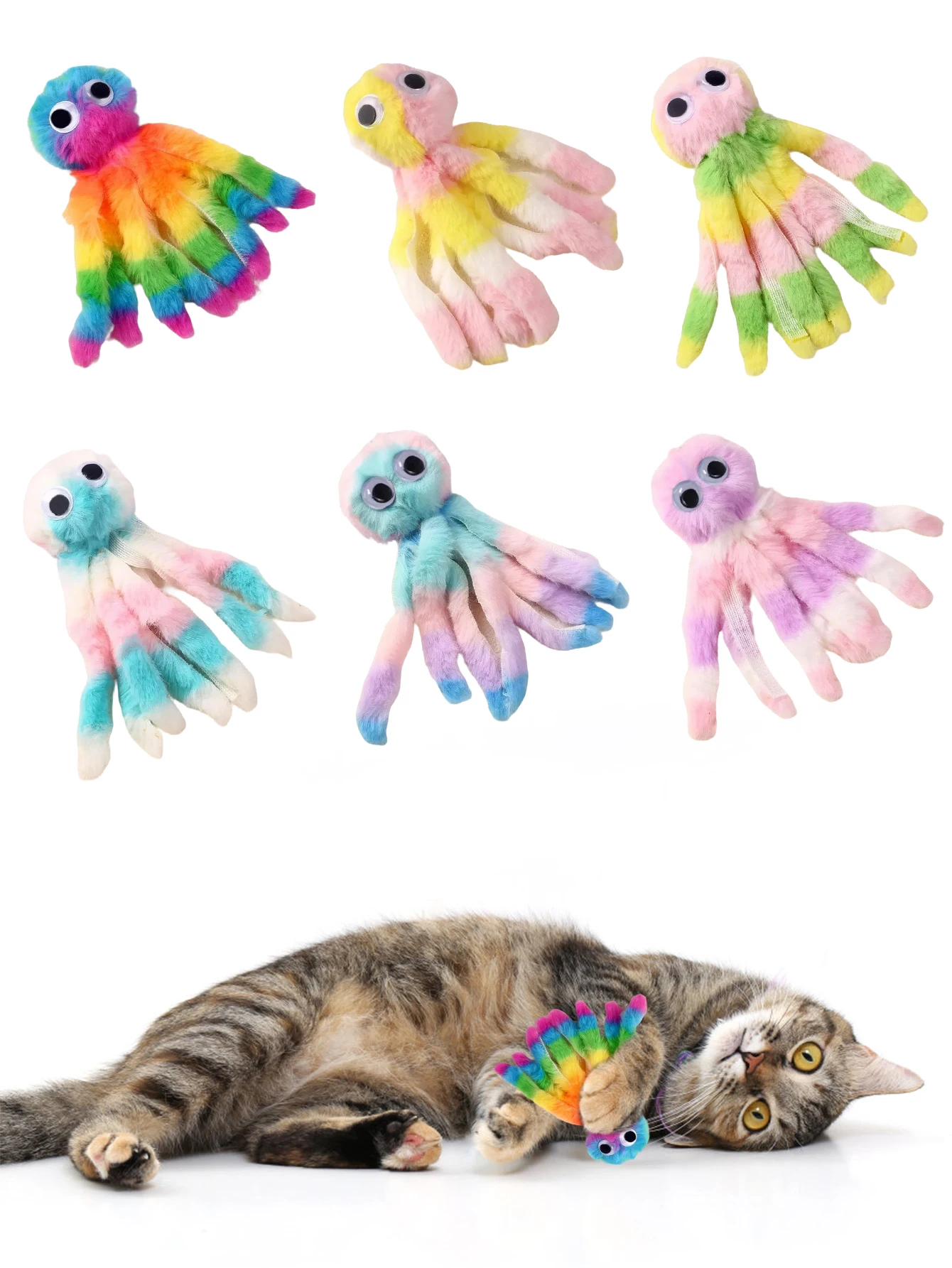 Adorable juguete de peluche de pulpo para gatos, juego interactivo para masticar y patadas, cabezales de repuesto de varita de teaser, colores surtidos para gatos de interior