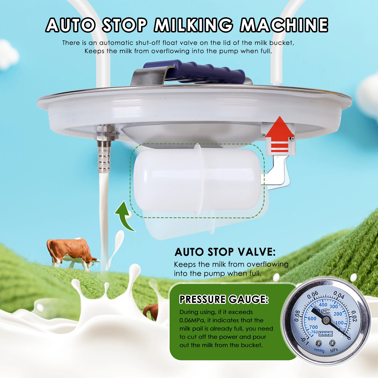 Máquina de ordeño de cabras y vacas de 8L, cubo de acero inoxidable, tazas de pulsación automáticas eléctricas, tubos de succión ajustable para vacas y ovejas - imagen 4