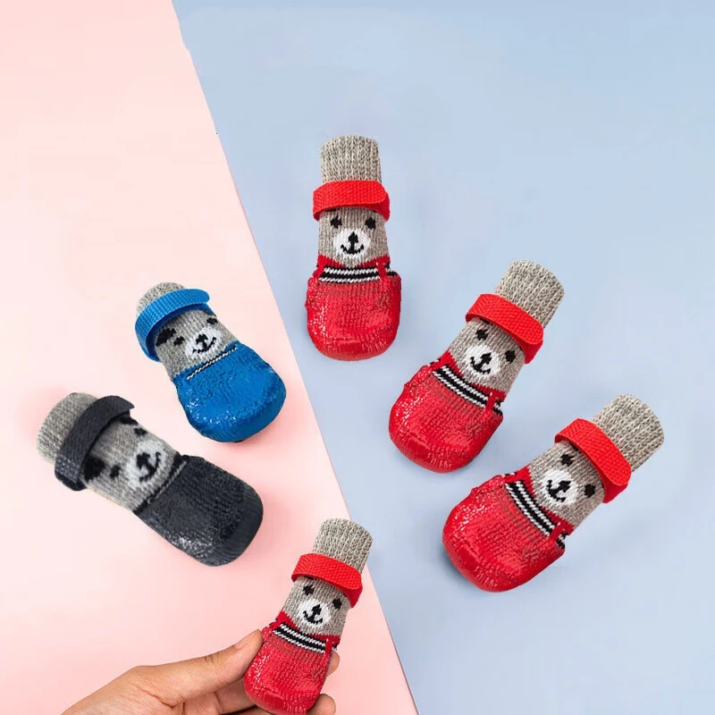 Calcetines de peluche para cachorros y perros, zapatos impermeables para gatos, cubierta para pies antiarañazos, calcetines antisuciedad para mascotas, calcetines cálidos tejidos para perros y gatos pequeños, 4 Uds. - imagen 5