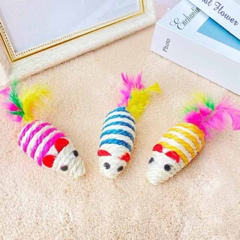 Juguete para Gato, ratón de cuerda de nailon a rayas, juguete con campana, juguete para masticar para Gato, ratón a rayas de Sisal - imagen 4