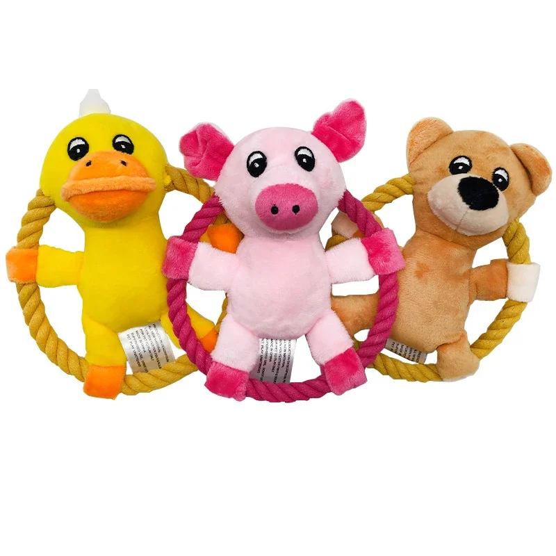 Juguetes chirriantes para perros pequeños y medianos, juguete para la dentición de cachorros con forma de cerdo, pato, oso, con cuerda de algodón, animales, juguete interactivo de felpa - imagen 2