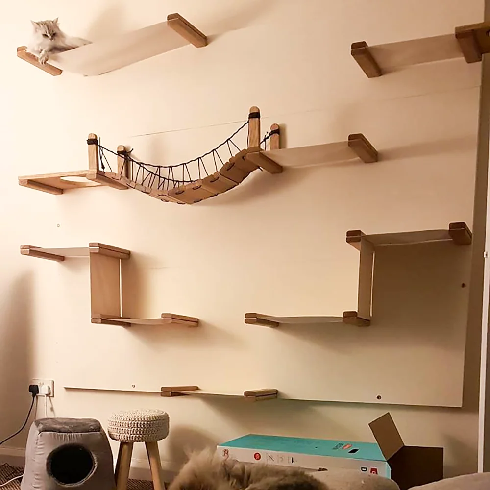 Juego de estante de escalada montado en la pared para gatos, hamaca, perchas, escalera, escalones de madera maciza, torre de árbol para gatos, plataforma, estantes para saltar - imagen 5