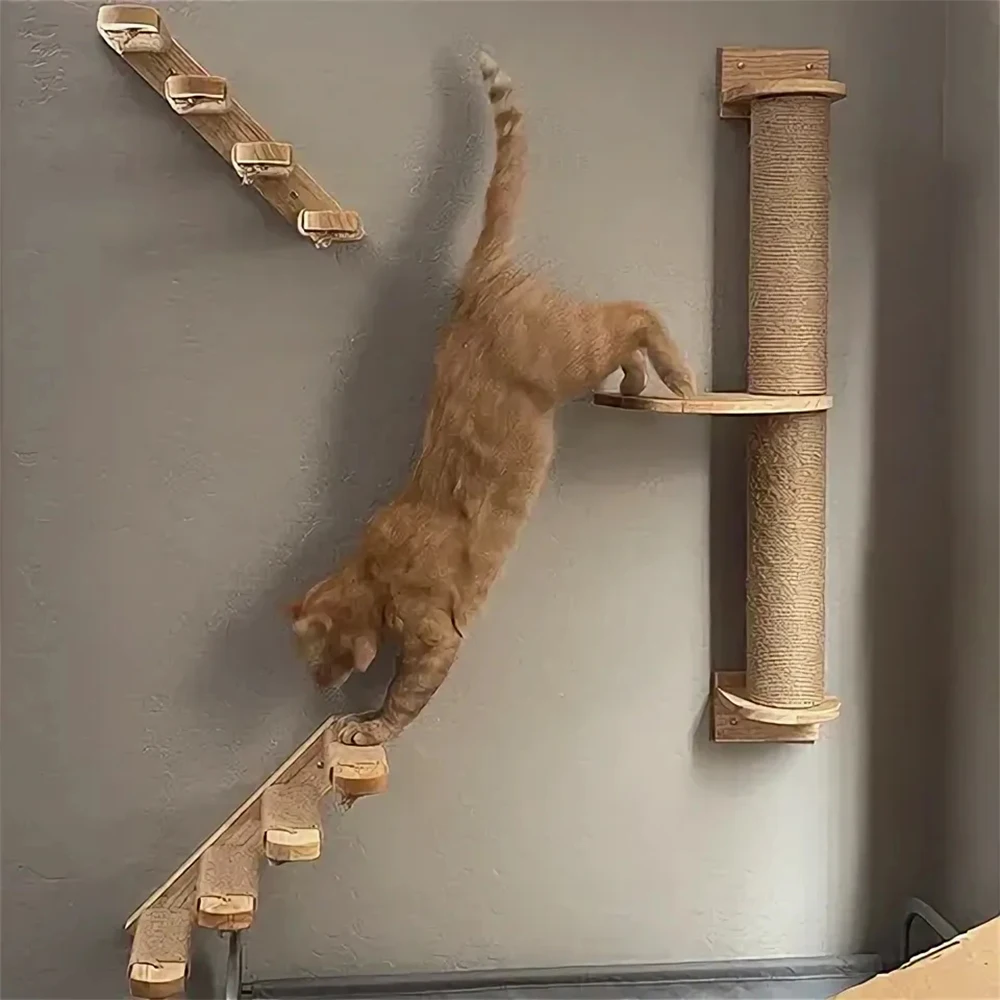 Estantes de pared para gatos con hamaca y escalones, percha montada y cama para gatitos, estantes de escalada para gatos, muebles de madera maciza para uso en interiores - imagen 3