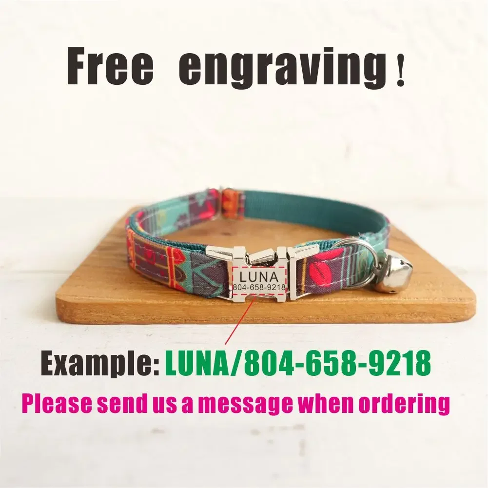 Collar de gato personalizado, contactos de nombre de identificación personalizados, hebilla de metal, collares de gato ajustables de estilo maya con campana - imagen 4