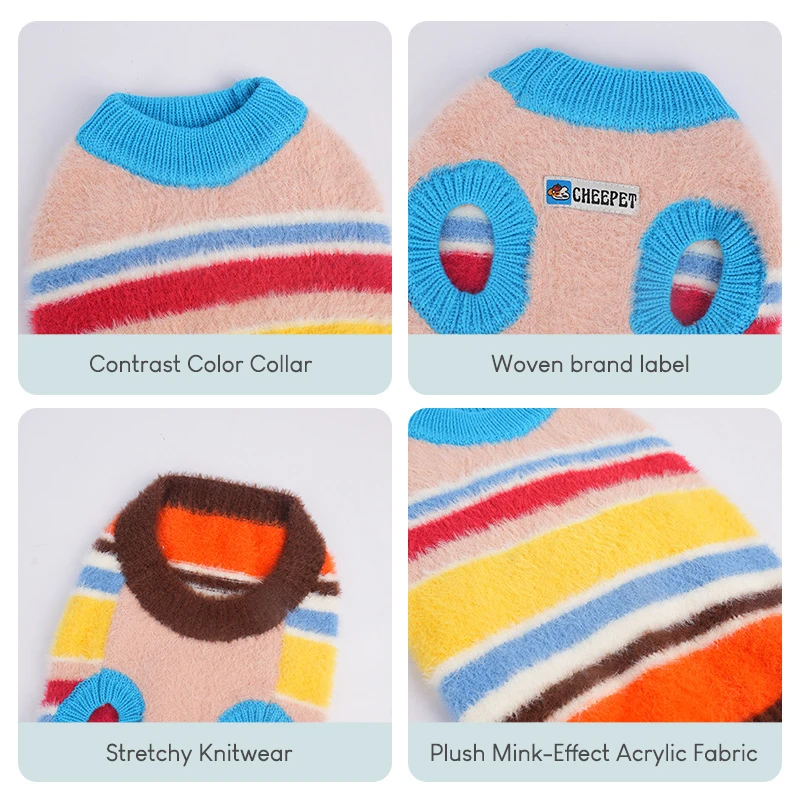 Suéteres de arcoíris para perros, suéteres suaves y cálidos de imitación de visón para mascotas, traje de otoño e invierno para perros pequeños, prendas de punto para cachorros, ropa bonita para gatos - imagen 3