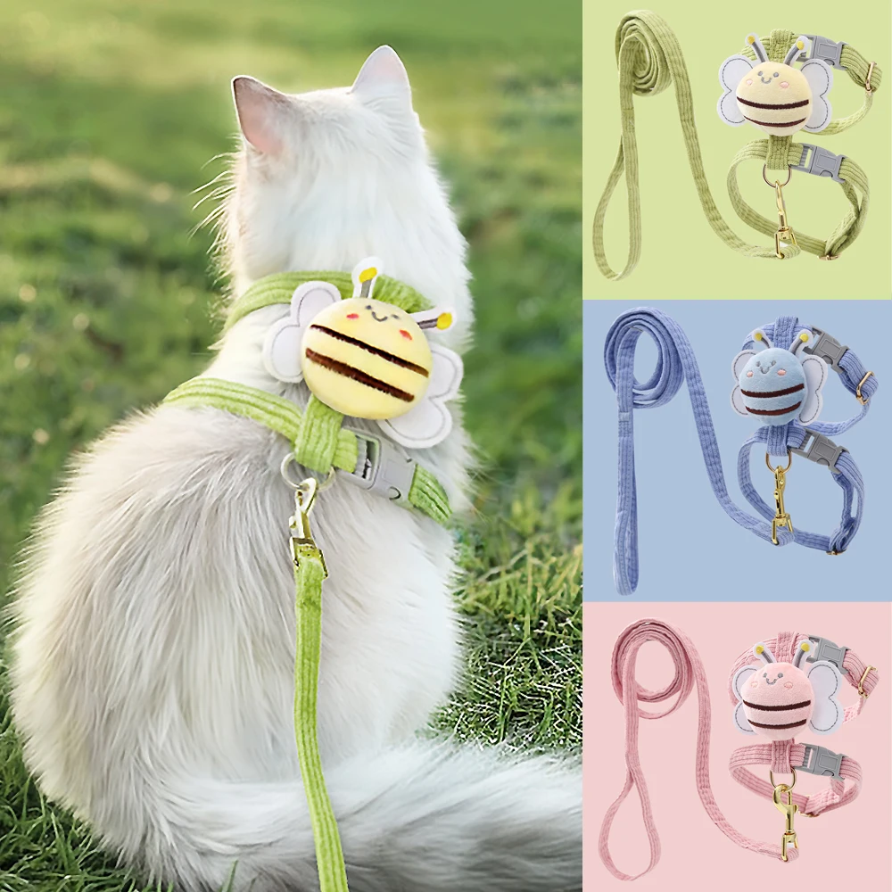 Conjunto de arnés y correa para gatos, arnés ajustable de doble capa con abeja de dibujos animados para perros pequeños y gatitos, arnés para caminar al aire libre para mascotas