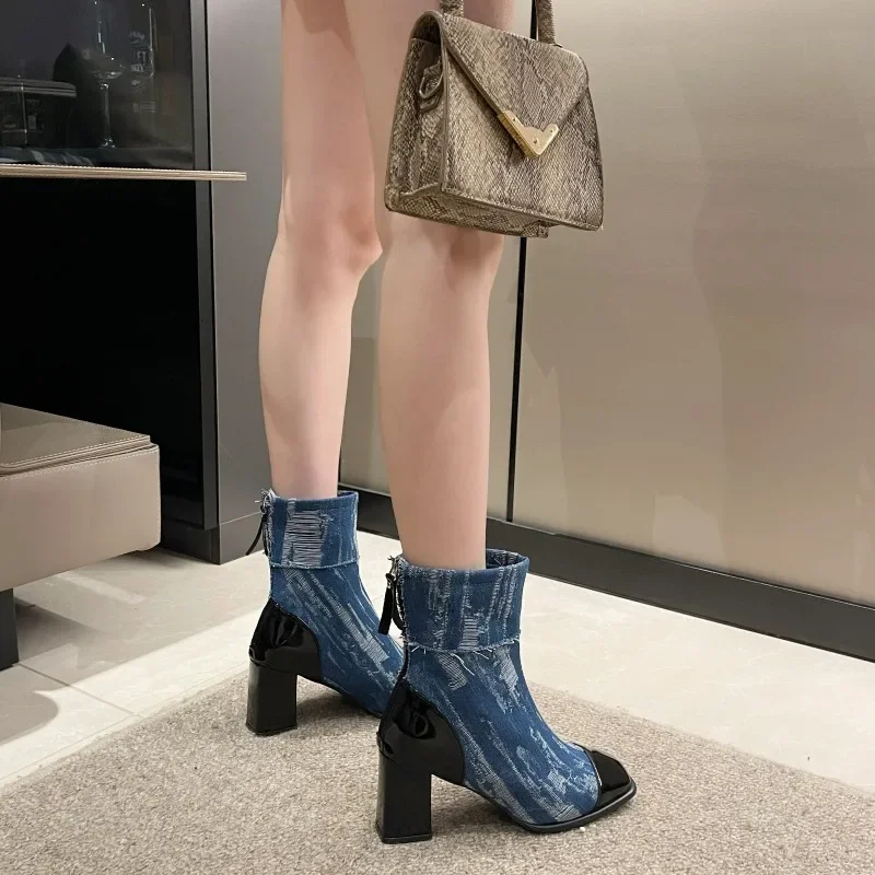 Botas de vaquero de retales con estilo para mujer, zapatos cómodos de tacón grueso con cabeza cuadrada, altos hasta el muslo, Otoño, 2024 - imagen 4