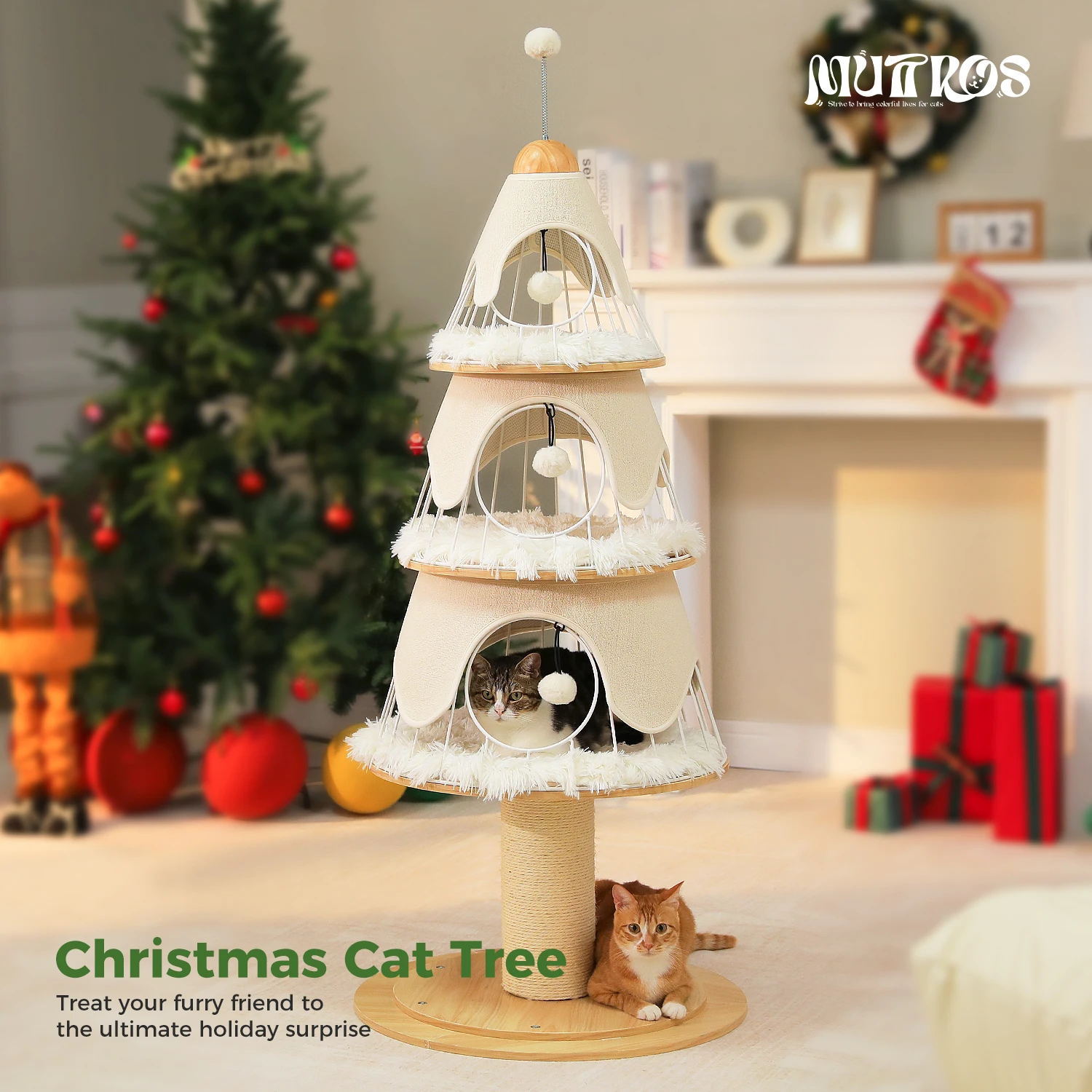 Torre de árbol de Navidad para gatos con 3 condones y pompones acogedores, casa para gatos de varios niveles, cama para gatos de interior, muebles modernos para gatos, juguetes para gatos - imagen 5
