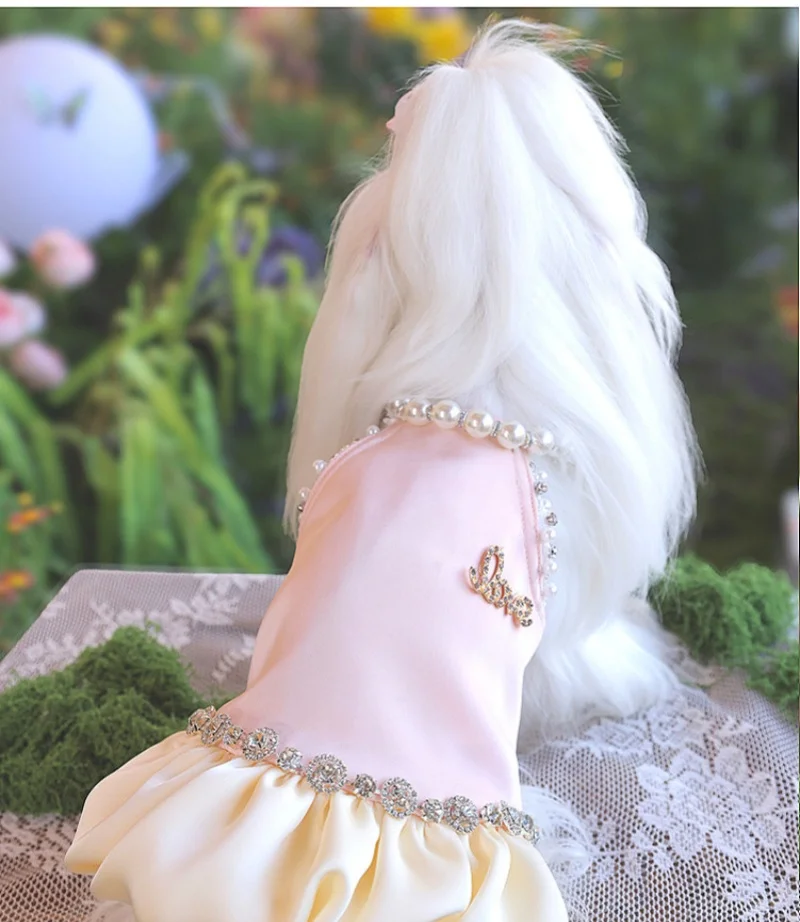 Vestido para mascotas con perlas y diamantes de imitación, vestido de tul para mascotas, vestido de boda para mascotas, ropa de fiesta para perros, vestido hinchado para mascotas rosa - imagen 3