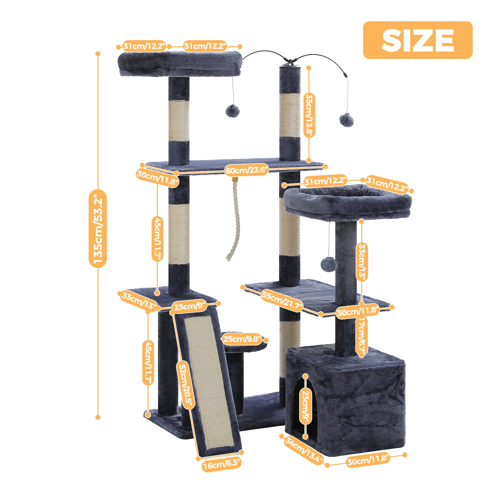 Torre de árbol para gatos con percha favorita para gatos, condominio acogedor, postes y tablero para rascar sal, pompones dobles, dos formas, accesorios para gatos, juguete para gatos - imagen 5