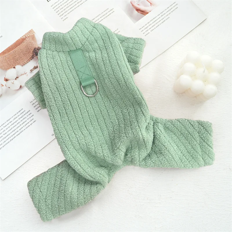 Mono a rayas lisas para perros, ropa de invierno para mascotas para perros pequeños y medianos, pijamas térmicos de lana para perros, mono, ropa de dormir para cachorros - imagen 3