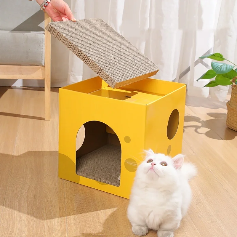 Casa para gatos de cartón plegable de 2 capas, diseño divertido de queso, transpirable, resistente, rascador, camas para gatos para dormir y jugar - imagen 5