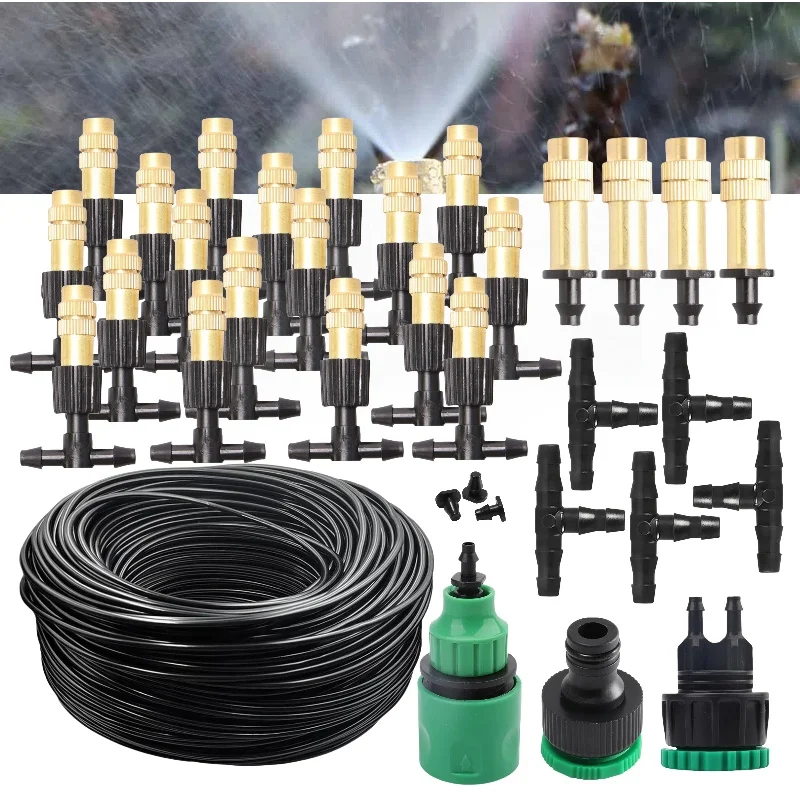 Sistema de riego de 15M-30M, boquilla de cobre para riego de jardín, boquillas atomizadoras de latón de 1/4 pulgadas, manguera de 4/7mm para invernadero de Patio