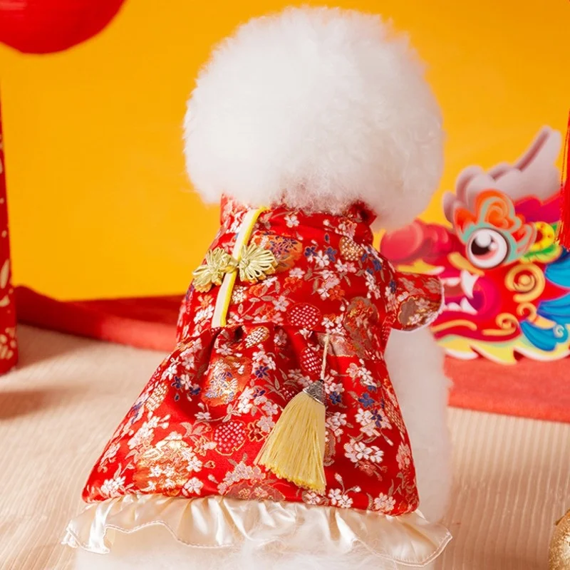 Vestido para perro mascota, falda de princesa para perro de estilo chino, ropa estampada a la moda para cachorros, vestido de gato de Año Nuevo, disfraces para mascotas, ropa para perros Chihuahua - imagen 3