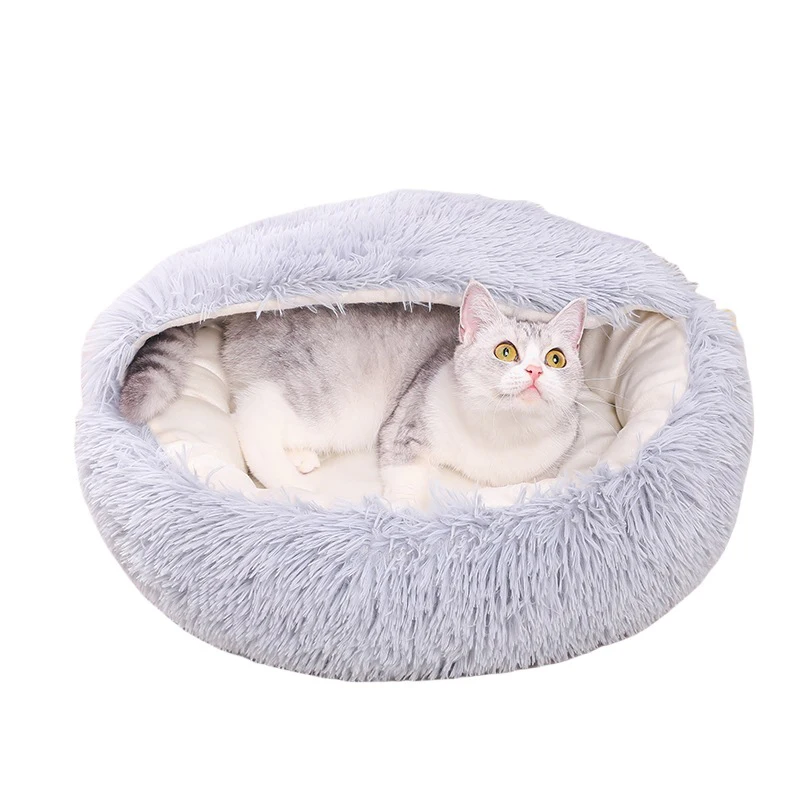 Cama para gatos de sueño profundo, redonda, semicerrada, de felpa, acogedora, para invierno, con parte inferior antideslizante, para perros pequeños y gatos - imagen 5