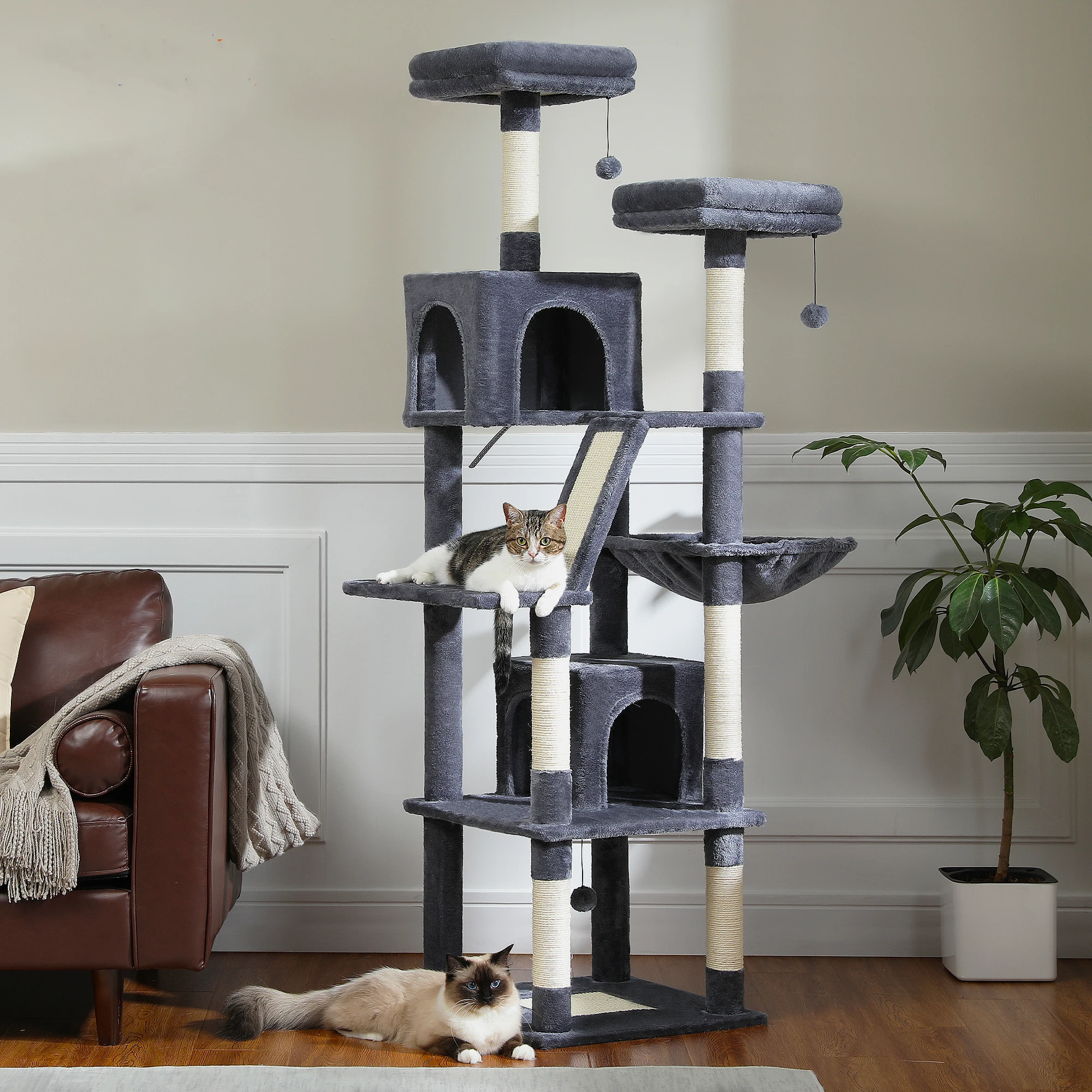 Árbol grande para gatos, torre alta para gatos de interior, Condo de gato de peluche de varios niveles con postes para rascar, tablas para rascar, perchas, cuádruplas - imagen 2