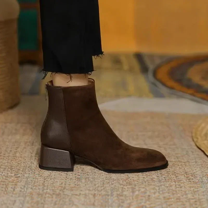 Botas de Otoño Invierno para mujer, Zapatos de tacón grueso con punta cuadrada, botines para mujer, Zapatos de gamuza con plataforma de invierno - imagen 4