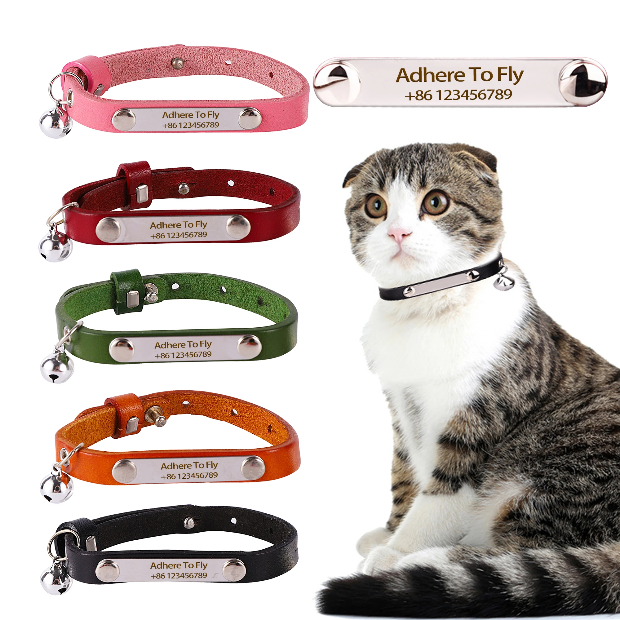 Collar de gato personalizado, collares de cuero ajustables para gatos, collares personalizados con nombre de cachorro y gatito, accesorios antipérdida para gatos - imagen 2
