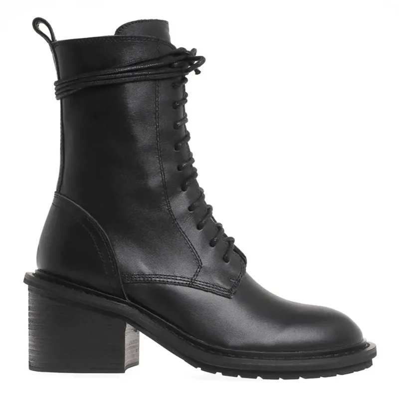 2025 marca de invierno de alta calidad Chic Cool botines de mujer moda negro tacones de bloque con cordones cremallera motocicletas botas zapatos - imagen 4