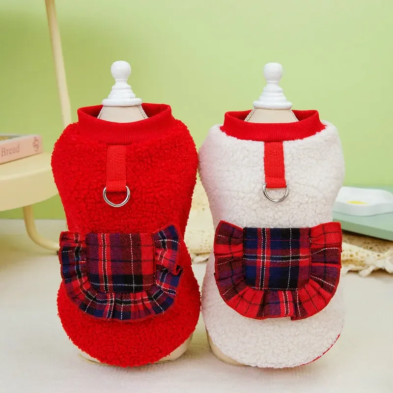 Abrigo de terciopelo a cuadros para otoño/invierno para mascotas, abrigo de Navidad, bonito bolsillo de encaje a cuadros, oso de peluche, perro pequeño, abrigo de terciopelo de cordero - imagen 4