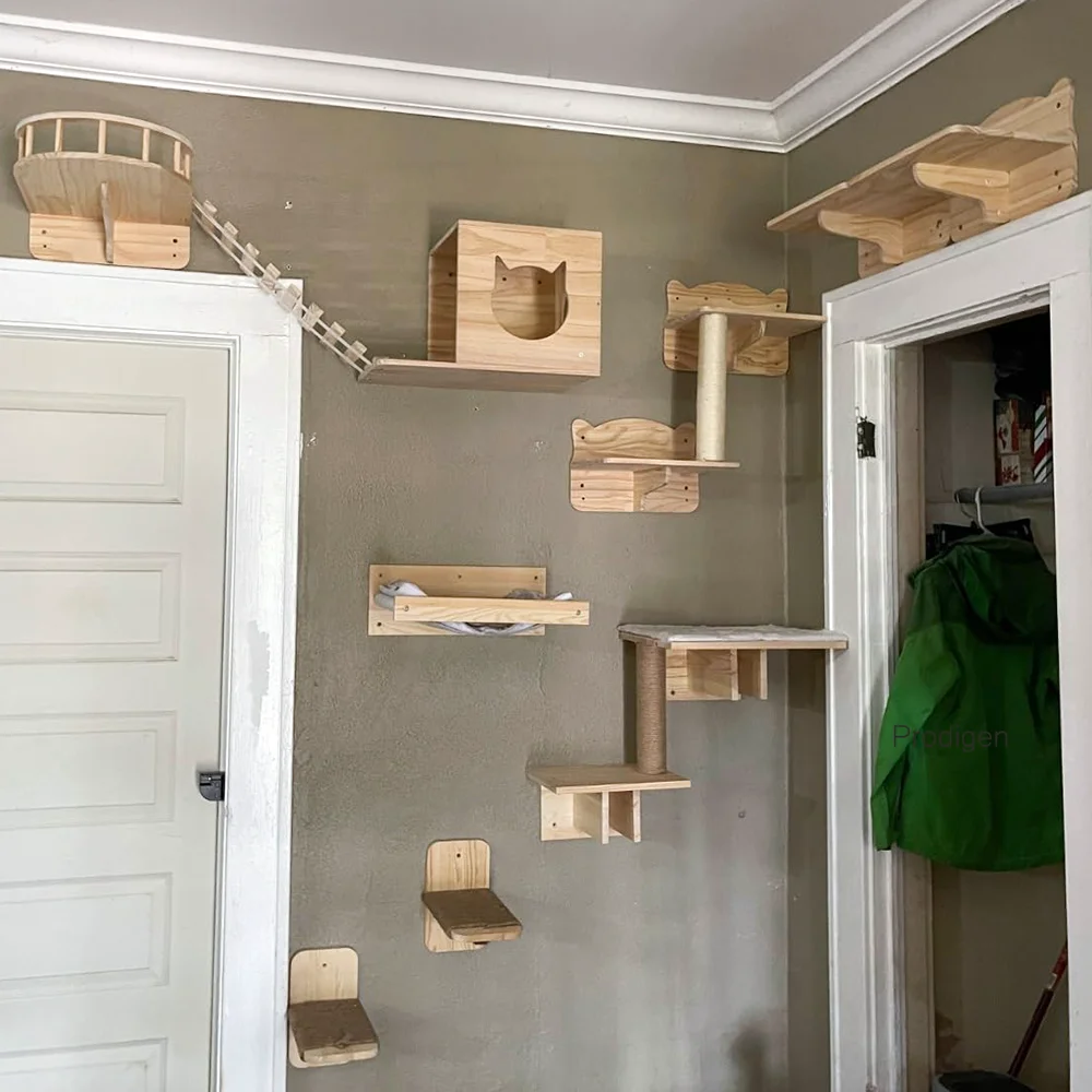 Escalera de escalada sólida montada en la pared para gatos y hamaca para gatos, muebles de madera con poste rascador para actividades, perchas para gatos de interior - imagen 4