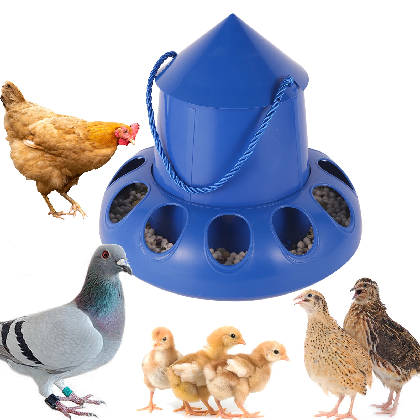 Alimentador automático de palomas y pollos, Cubo de alimentación de aves, dispensador de alimentos de 11 agujeros para pollo, Paloma, codorniz, gallina, periquito, 1 unidad