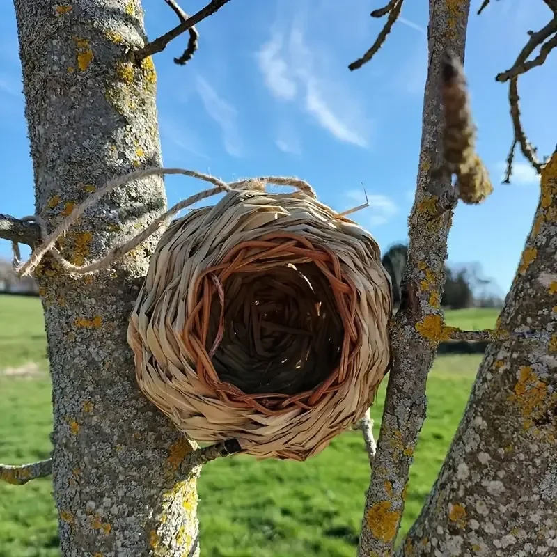 Casas de colibrí tejidas a mano, nido de pájaro con forma de bola, hierba tejida, casa de nido de colibrí para decoraciones de jardín al aire libre - imagen 2