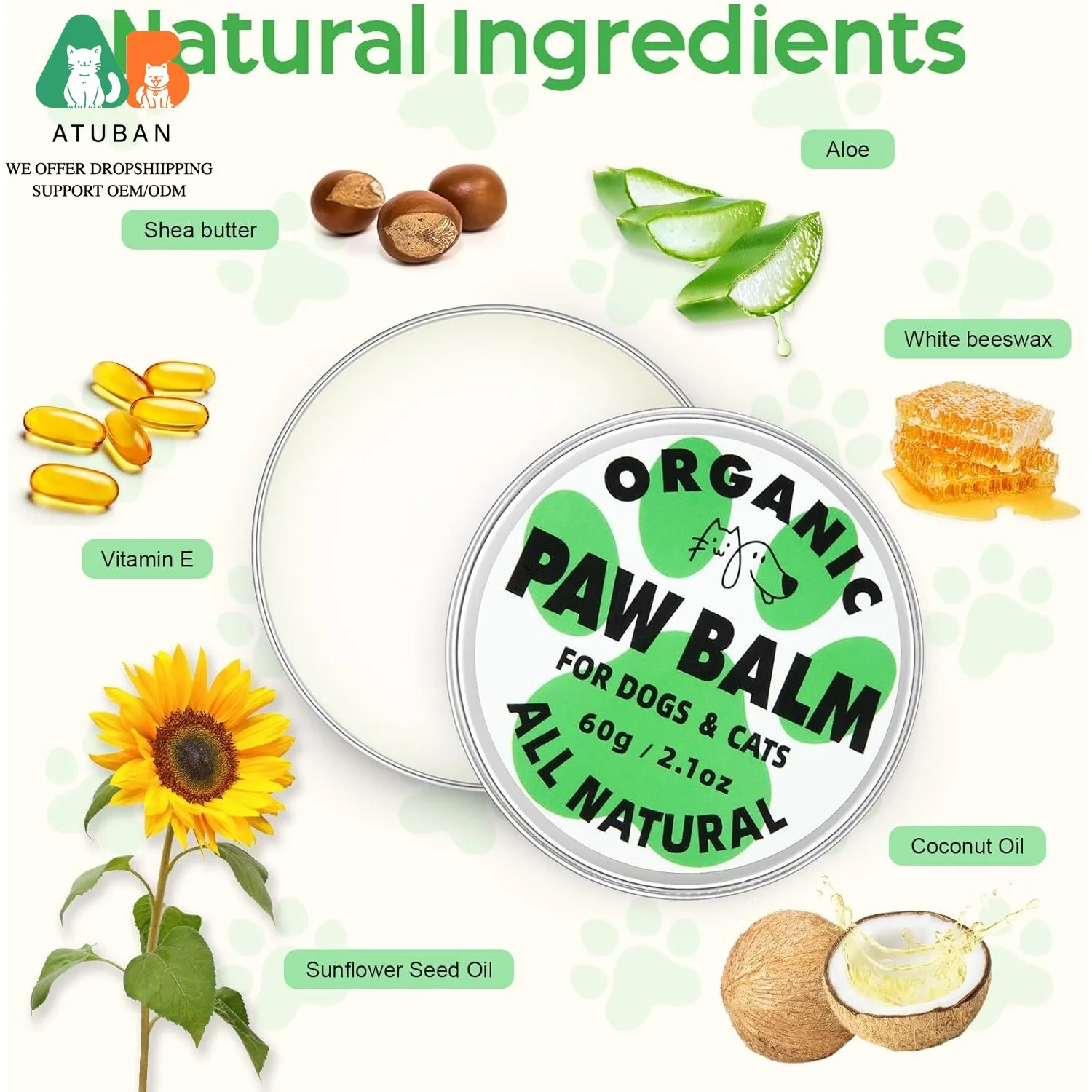 ATUBAN Bálsamo para patas de perro y bálsamo para la nariz, Protector totalmente natural para patas de perro y gato, chupete, aceite de coco orgánico para patas secas y agrietadas de perro, nariz