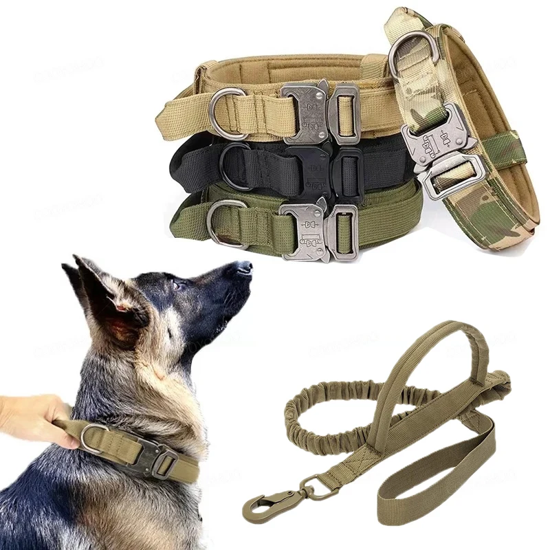 Collar y correa tácticos para perros, correa de nailon duradera ajustable militar para medianos y grandes, pastor alemán, accesorios de entrenamiento