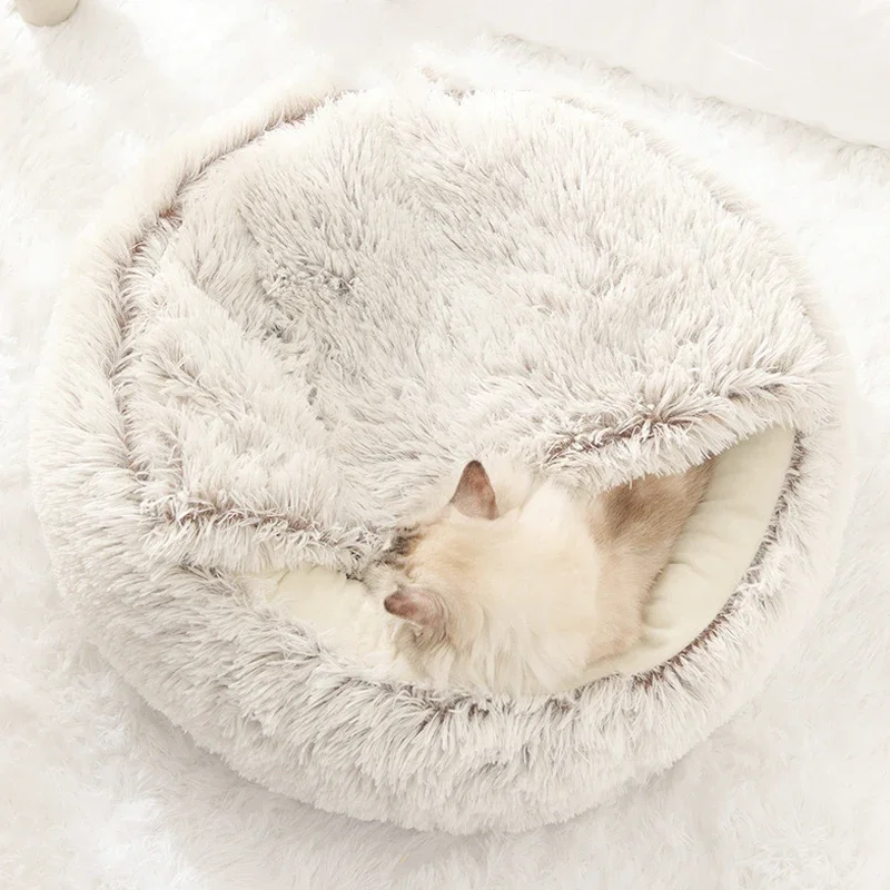 Cama redonda con capucha para perros y gatos pequeños, almohadilla de invierno con fondo antideslizante, cueva, Donut Cuddler, 2 en 1 - imagen 2