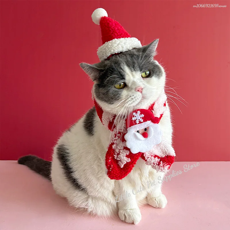 Collar navideño para gato, bufanda navideña roja para mascotas, bufanda cálida de lana verde, sombrero de Papá Noel para gato - imagen 3