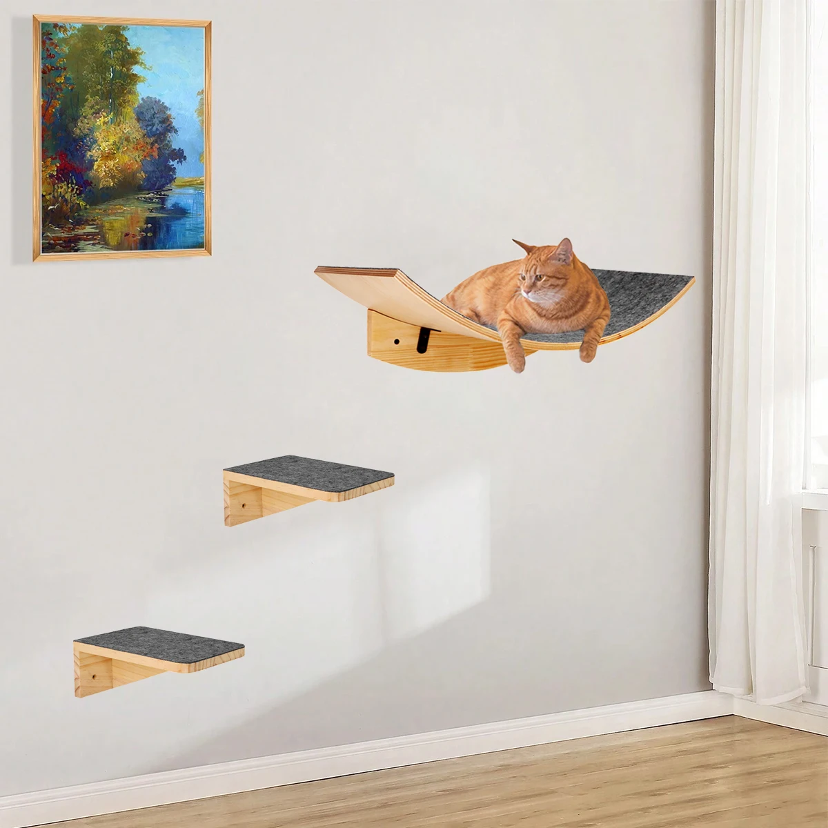 Mueble montado en la pared para gatos, estantería curvada y perchas para gatos, mueble cómodo para dormir y jugar a la escalada, 1 unidad - imagen 2